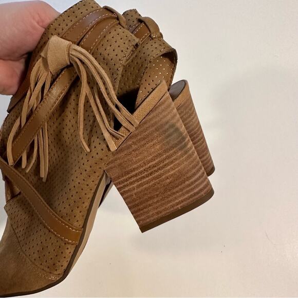 Franco Sarto Fina Tan Peep Toe Bootie Block Heels - Picture 6 of 9